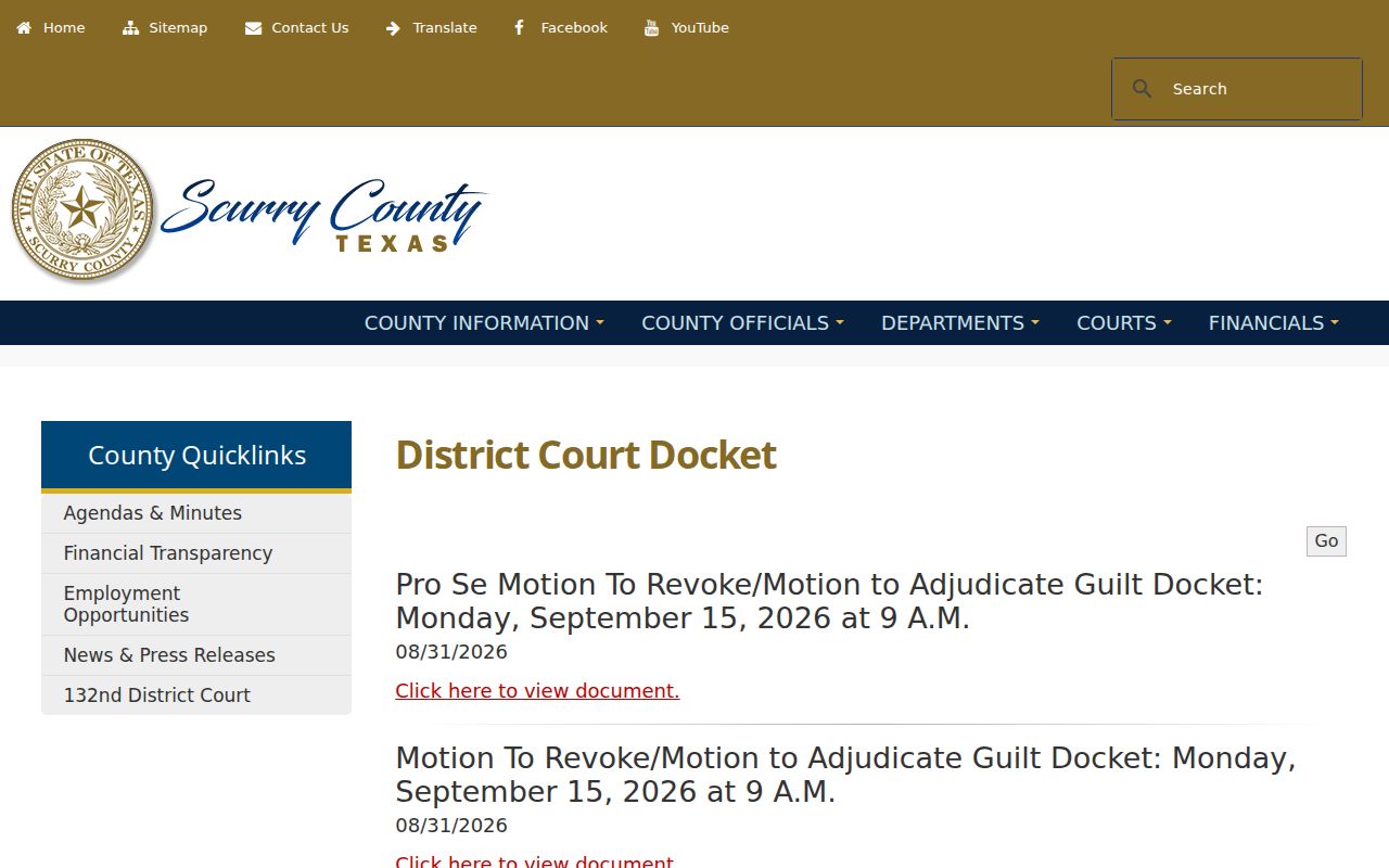 Scurry County court docket month selector and calendar posts